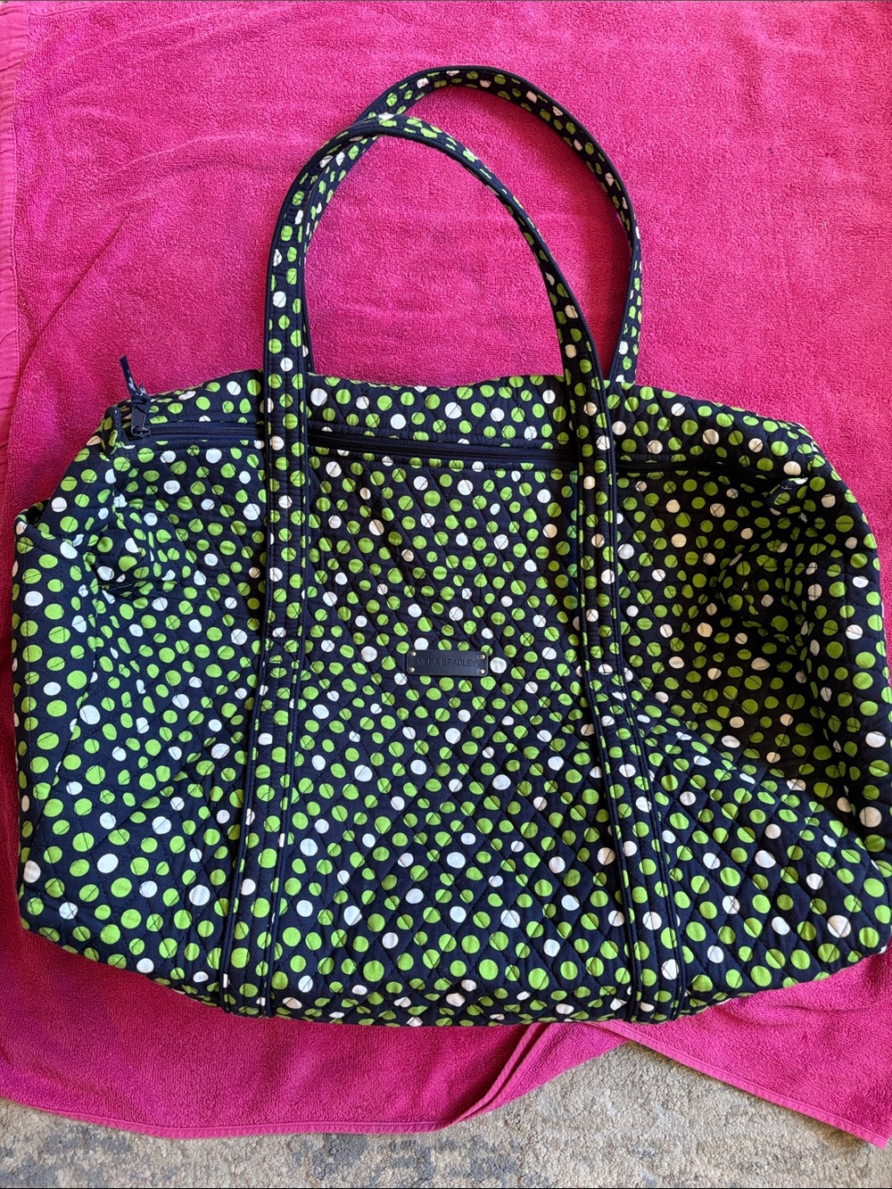 Vera Bradley Navy Quilted XL Duffel Tote with Lucky Dot Pattern.